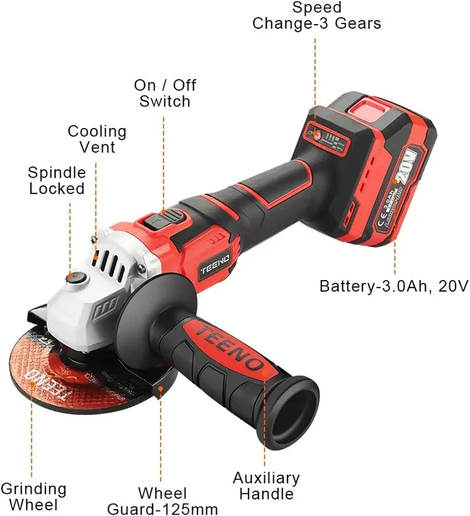 Teeno Meuleuse d'angle brushless 125mm，2 Batterie lithium-ion 20V 3.0Ah