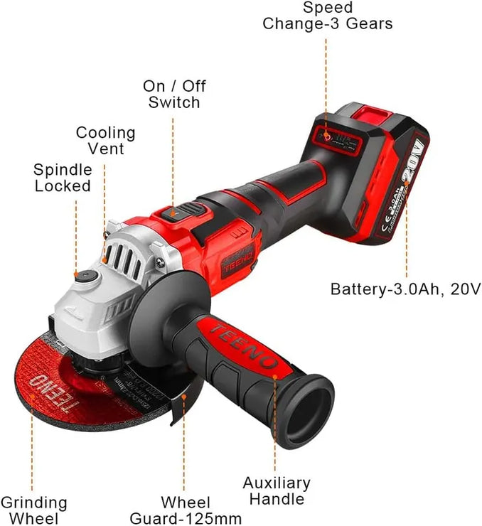 Teeno Clé à chocs Brushless+ Perceuse a Percussion+Meuleuse D'angle Brushless 3 outils 20V 2xBatteries 3Ah